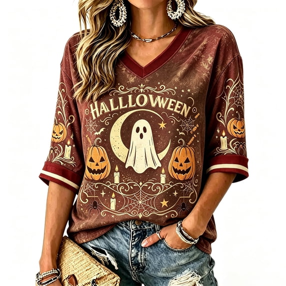 ZCNKMX Halloween Shirt for Women 3/4 Sleeve T-Shirt Novelty V-Neck Ghost Pumpkin "Ghost Moon Pumpkin" Graphic Tee Trendy Top for Halloween Party Brown M