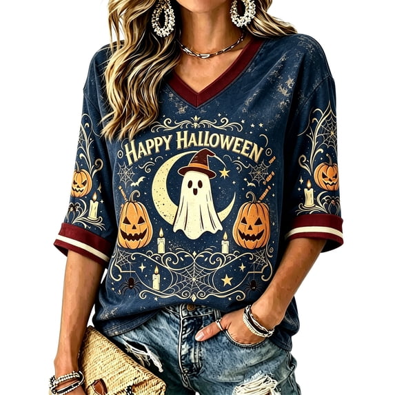 ZCNKMX Halloween Shirt for Women 3/4 Sleeve T-Shirt Novelty V-Neck Ghost Pumpkin "Ghost Moon Pumpkin" Graphic Tee Trendy Top for Halloween Party Dark Blue XL