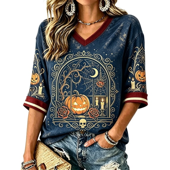 ZCNKMX Halloween Shirt for Women 3/4 Sleeve T-Shirt Spooky V-Neck Pumpkin Spider Rose "Window Pumpkin" Graphic Tee Fall Top for Party Costume Blue XXXL