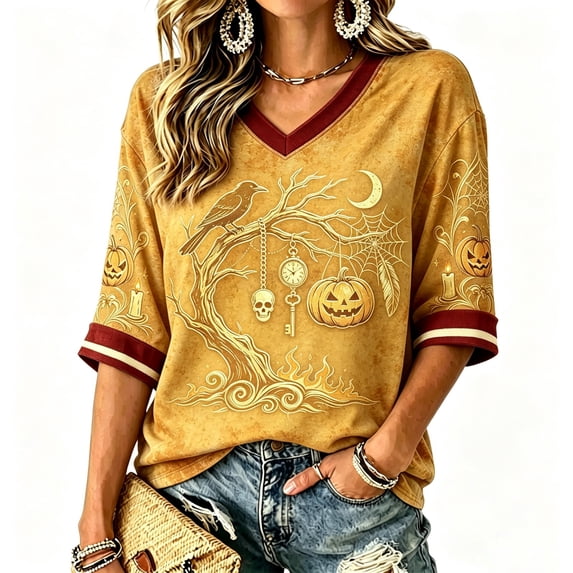 ZCNKMX Halloween Shirt for Women 3/4 Sleeve T-Shirt Spooky V-Neck Skeleton Pumpkin "Dark Forest Pumpkin" Graphic Tee Fall Top for Party Costume Yellow L