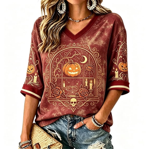 ZCNKMX Halloween Shirt for Women 3/4 Sleeve T-Shirt Spooky V-Neck Pumpkin Spider Rose "Window Pumpkin" Graphic Tee Fall Top for Party Costume Red XL