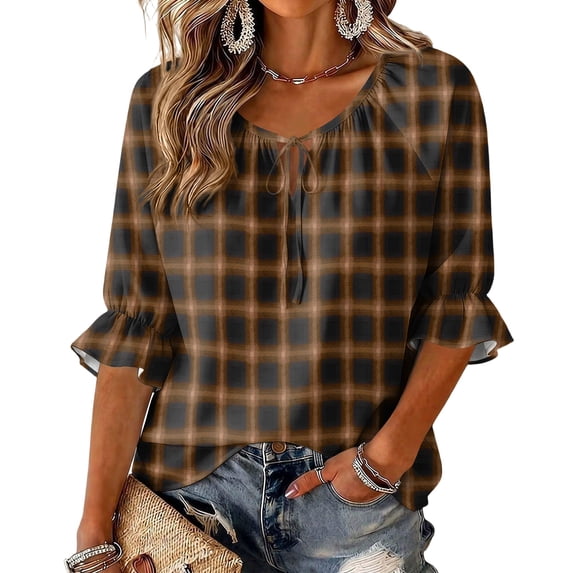 ZCNKMX Shirts for Women Crew Neck Plaid Grid Print 3/4 Sleeve Blouse, Tie Front Ruffle Hem Loose Relaxed Breathable Farmhouse Casual Outfits for Spring Summer Daily Country Style Tops Brown XL