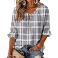 thumbnail image 1 of ZCNKMX Shirts for Women Crew Neck Plaid Grid Print 3/4 Sleeve Blouse, Tie Front Ruffle Hem Loose Relaxed Breathable Farmhouse Casual Outfits for Spring Summer Daily Country Style Tops Gray XXL, 1 of 7