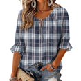 thumbnail image 1 of ZCNKMX Shirts for Women Crew Neck Plaid Grid Print 3/4 Sleeve Blouse, Tie Front Ruffle Hem Loose Relaxed Breathable Farmhouse Casual Outfits for Spring Summer Daily Country Style Tops Navy M, 1 of 7