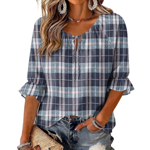 ZCNKMX Shirts for Women Crew Neck Plaid Grid Print 3/4 Sleeve Blouse, Tie Front Ruffle Hem Loose Relaxed Breathable Farmhouse Casual Outfits for Spring Summer Daily Country Style Tops Navy M