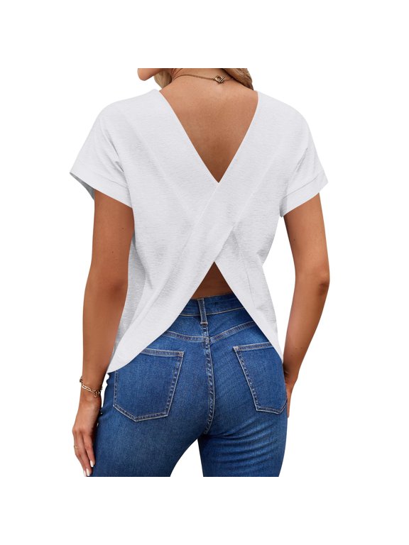 Shirts for Women V Neck Solid Plain 1/4 Sleeve Cross Open Back T-Shirt Blouse,Loose Basic Casual ummer Outdoor Daily Wear Fashion Tops White XL