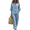 thumbnail image 1 of ZCNKMX Shirts for Women V Neck Button Front Ruffle 3/4 Sleeve Blouse & Pants Two Piece Set, Solid Loose Casual Office Outfit Tops Light Blue XXL, 1 of 4