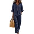 thumbnail image 1 of ZCNKMX Shirts for Women V Neck Button Front Ruffle 3/4 Sleeve Blouse & Pants Two Piece Set, Solid Loose Casual Office Outfit Tops Navy XXXL, 1 of 4