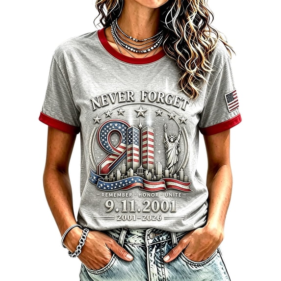 ZCNKMX Women's 9.11 Never Forget Printed V-Neck T Shirts Patriotic American Flag 2001-2026 25Th Anniversary Honor Tops Gray M