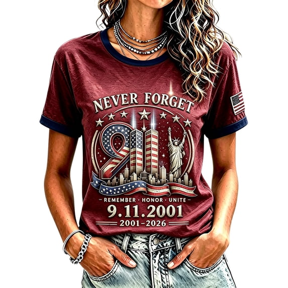 ZCNKMX Women's 9.11 Never Forget Printed V-Neck T Shirts Patriotic American Flag 2001-2026 25Th Anniversary Honor Tops Red XL