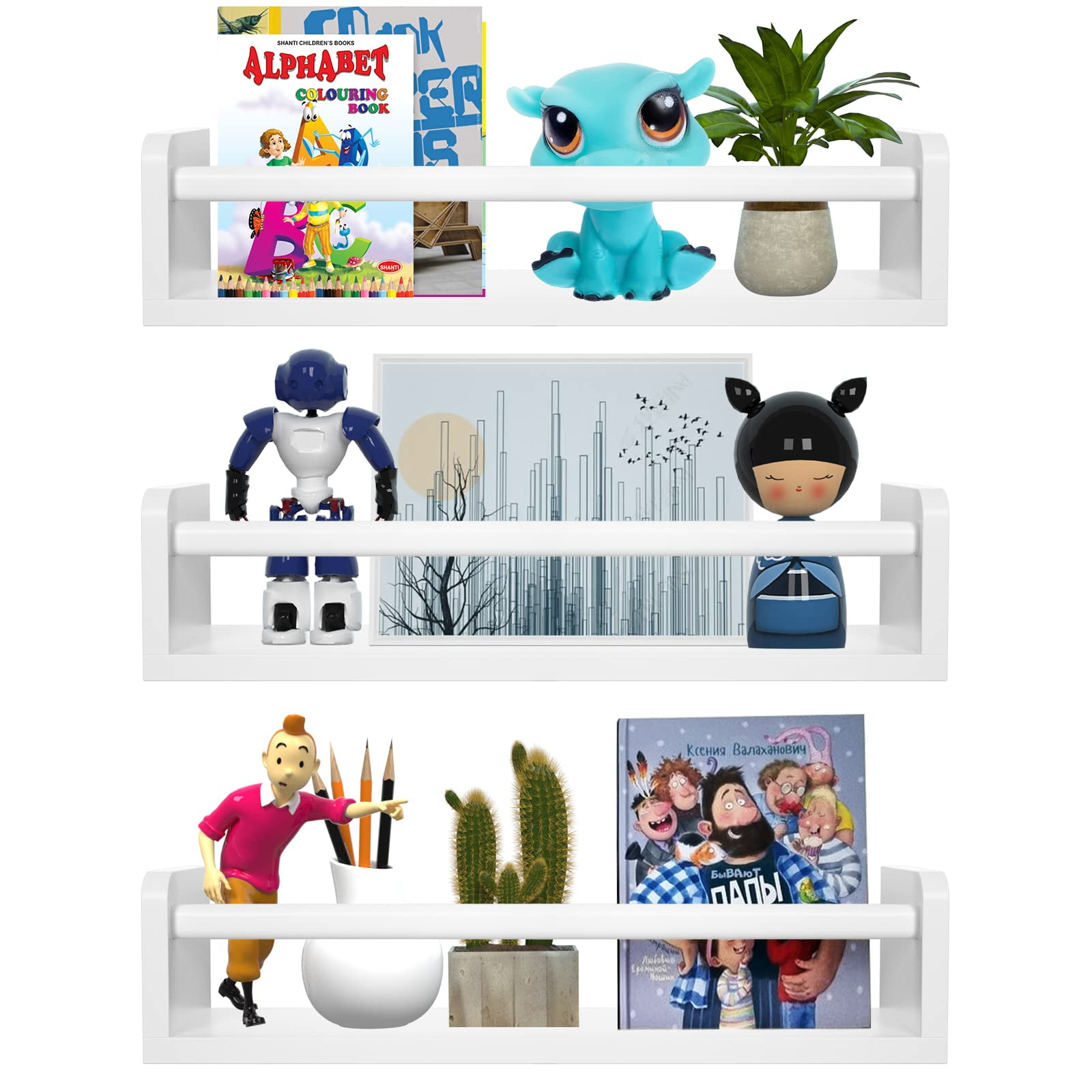 ZCO 16 Inch Floating Book Shelves, White Wall Mounted Shelves for Wall