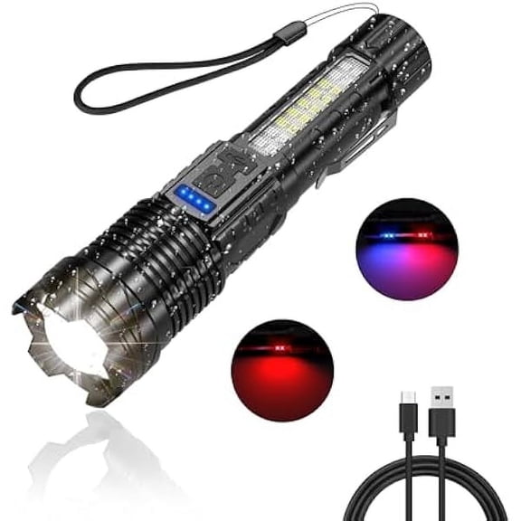 ZCRechargeable Flashlight high lumens with Clip Waterproof Police Flashlights, Zoomable Beam LED Flash Light with 7 Modes and SOS for Emergencies, Home, Camping, Hiking, Pet Walking (Black)