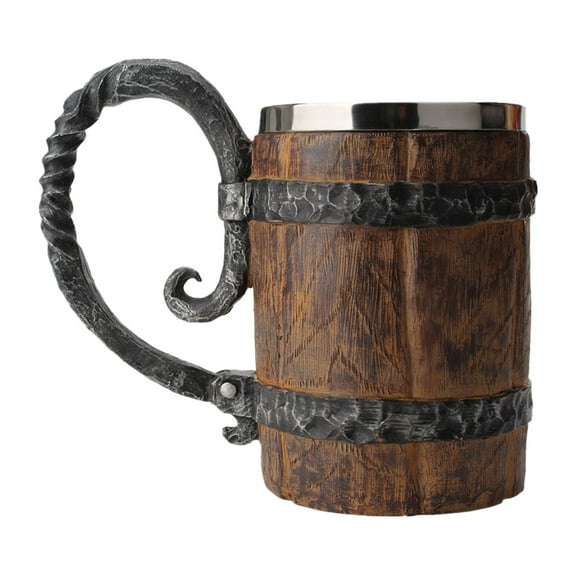 ​​ZCSKFIN Hand-Painted Wooden Barrel Mug Stainless Double Wall Insulated | Rustic Drinkware Thermal Design Hot/Cold Retention 12oz Capacity Unique Tabletop Decor Piece​