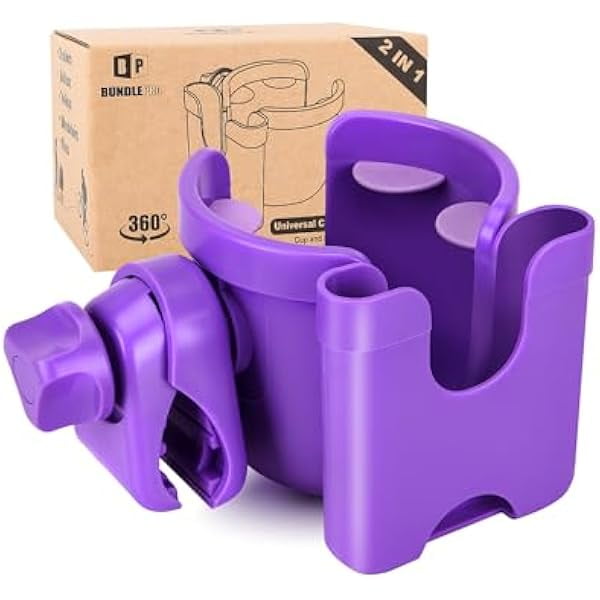 ZCUniversal Stroller Cup Holder with Mobile Phone Case, 2-in-1 Strollers Storage Rack, 360 Degrees Rotation Drink Holder for Bike, Pushchair, Wheelchair, Walker,Bicycle, Fits Most Cups (Purple)