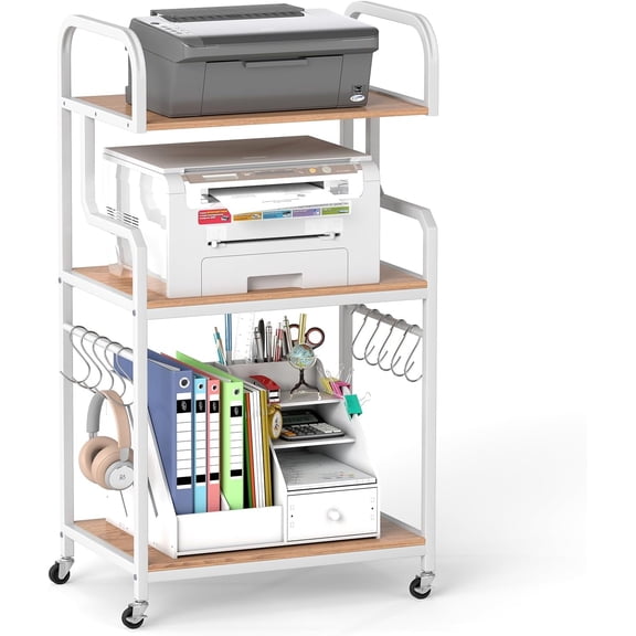 ZCXP 3-Tier Mobile Printer Stand with 10 S-Hooks, Rolling Storage Cart with Lockable Wheels for Printer, Scanner, Shredder, Home Office (Natural + White)