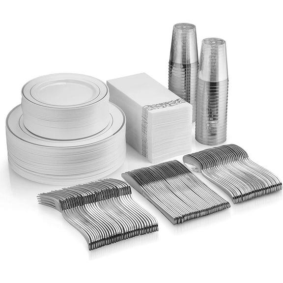ZCXP 350 Piece Dinnerware Set Silver 50 Guest Disposable Tableware With Plates Cups Silverware Napkins For Party Events