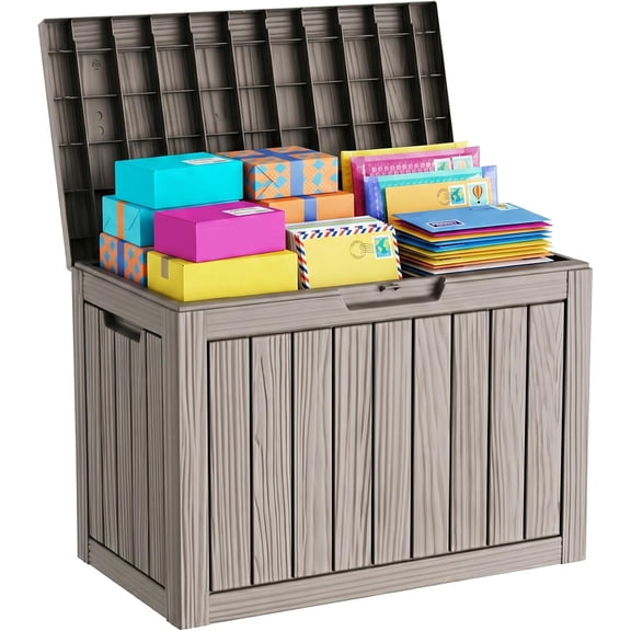ZCXP 55 Gallon Grey Resin Deck Box, Lockable Waterproof Outdoor Package Delivery Box, Modern Wicker Finish Storage Bin for Patio Porch