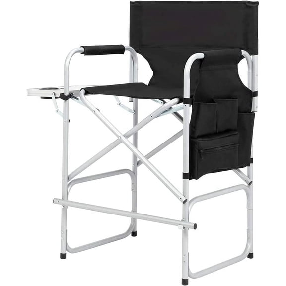 ZCXP Black 26" Bar Height Folding Directors Chair with Side Table & Side Storage Bag, Heavy Duty Portable Makeup Artist Chair with Footrest, 300LBS Weight Capacity