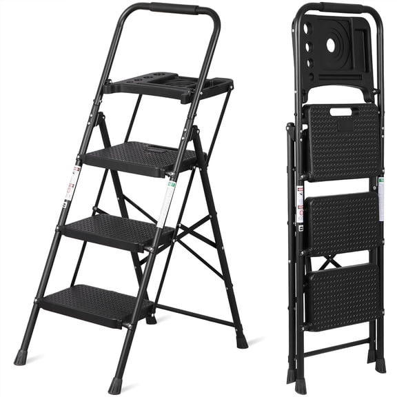 ZCXP Black 3-Step Folding Steel Step Ladder with Top Tool Platform, Wide Anti-Slip Pedal 330LBS Capacity Portable Household Step Stool