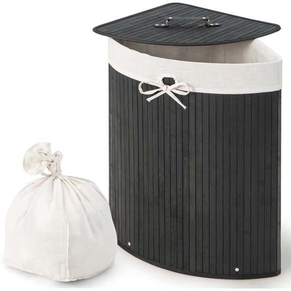 ZCXP Black 58L Triangular Bamboo Corner Laundry Hamper With Lid Removable Liner Handle For Bathroom Bedroom Small Spaces