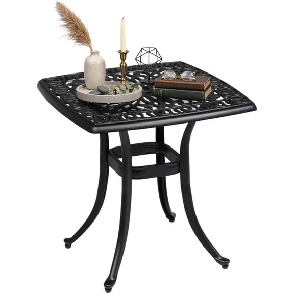 ZCXP Cast Aluminum Outdoor Side Table, All-Weather Rust Resistant Patio Bistro End Table with Umbrella Hole, Adjustable Legs Easy Assembly for Porch Balcony Backyard, Black