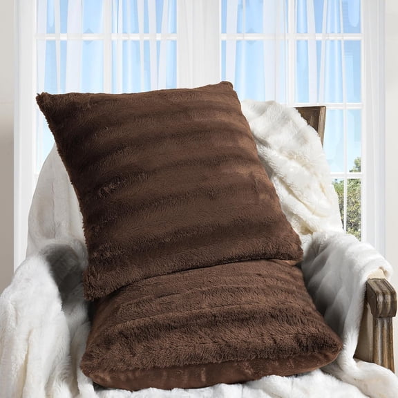 ZCXP Chocolate Faux Fur Decorative Throw Pillows Set Of 2, 20"x20" Square Plush Accent Pillows With Microfiber Inserts For Couch Bedroom Living Room
