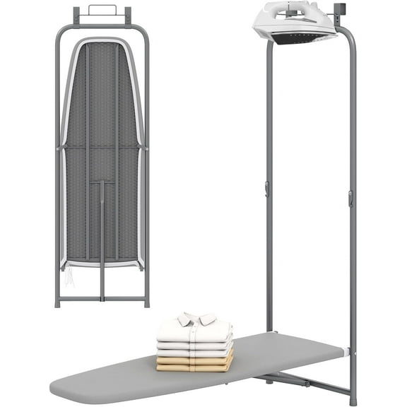 ZCXP Gray Over Door Folding Ironing Board 42"L16.5"W50"H, Heavy Duty Metal Frame Hanging Iron Board with Built-In Iron Holder for Small Laundry Bathroom Space