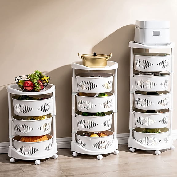 ZCXP White 3-Tier Rolling Storage Cart with Lockable Wheels, Adjustable 180 Rotatable Basket Fruit Vegetable Organizer for Kitchen Bedroom Bathroom