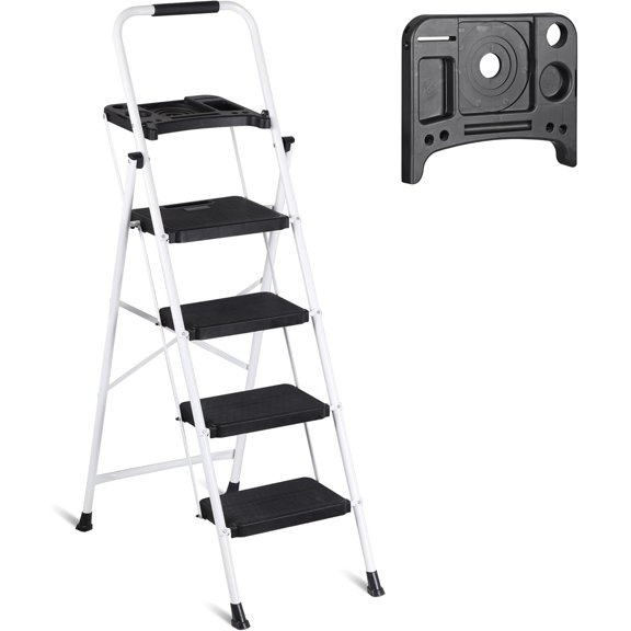 ZCXP White 4-Step Folding Carbon Steel Step Ladder 21"W64.6"H, 330LBS Capacity Portable Step Stool with Top Tool Platform & Wide Anti-Slip Pedals
