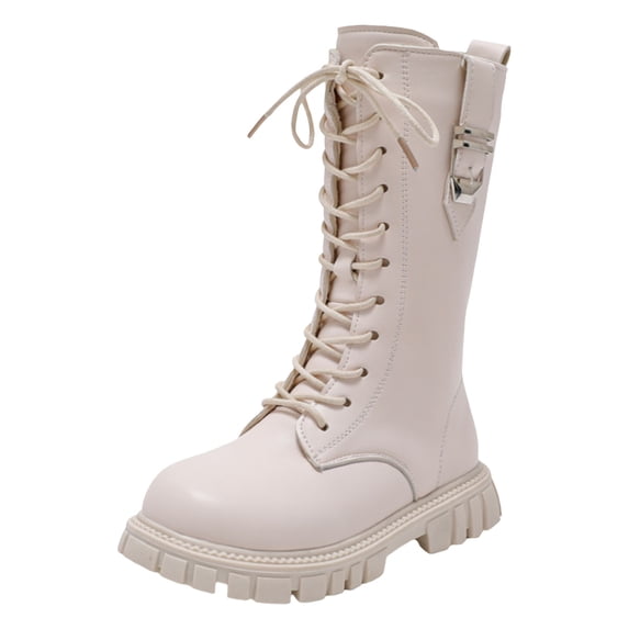 ZCheng Girls Boots Girls Leather Lace Up Knee High Boots with Side Zipper Fashion Comfortable Round Toe Low Heel Combat Riding Boots Winter Tall Boots Little Kid/Big Kid,White