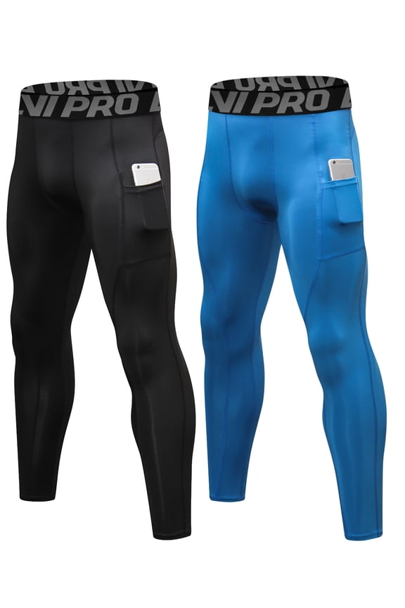 Compression Pants Men Running Tights Leggings with Pockets Athletic Workout Gym Pants 2 Pack Black-Blue,S
