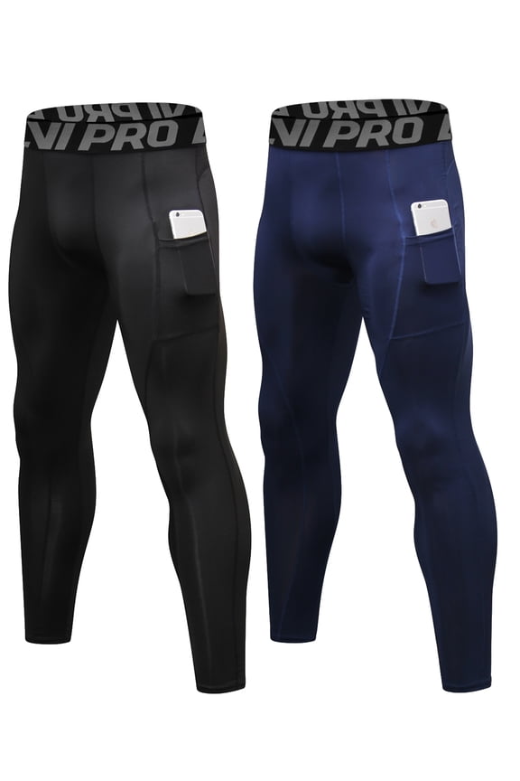 Compression Pants Men Running Tights Leggings with Pockets Athletic Workout Gym Pants 2 Pack Black-Deep Blue,S