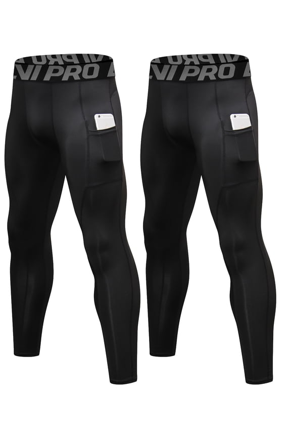 Compression Pants Men Running Tights Leggings with Pockets Athletic Workout Gym Pants 2 Pack Black,M