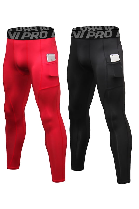 Compression Pants Men Running Tights Leggings with Pockets Athletic Workout Gym Pants 2 Pack Black-Red,M