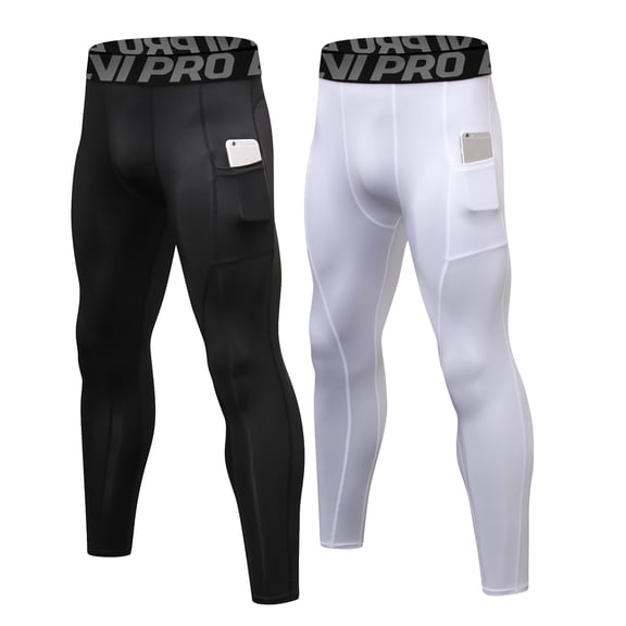 ZDCGT Compression Pants Men Running Tights Leggings with Pockets Athletic Workout Gym Pants 2 Pack Black-white,L