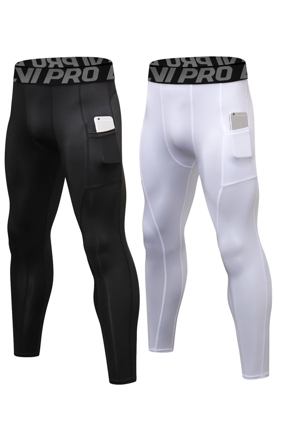 Compression Pants Men Running Tights Leggings with Pockets Athletic Workout Gym Pants 2 Pack Black-white,L