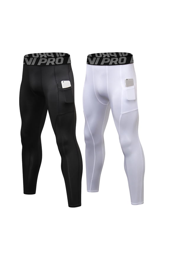 Compression Pants Men Running Tights Leggings with Pockets Athletic Workout Gym Pants 2 Pack Black-white,M