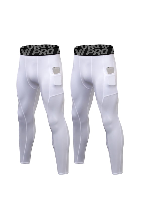Compression Pants Men Running Tights Leggings with Pockets Athletic Workout Gym Pants 2 Pack White,S