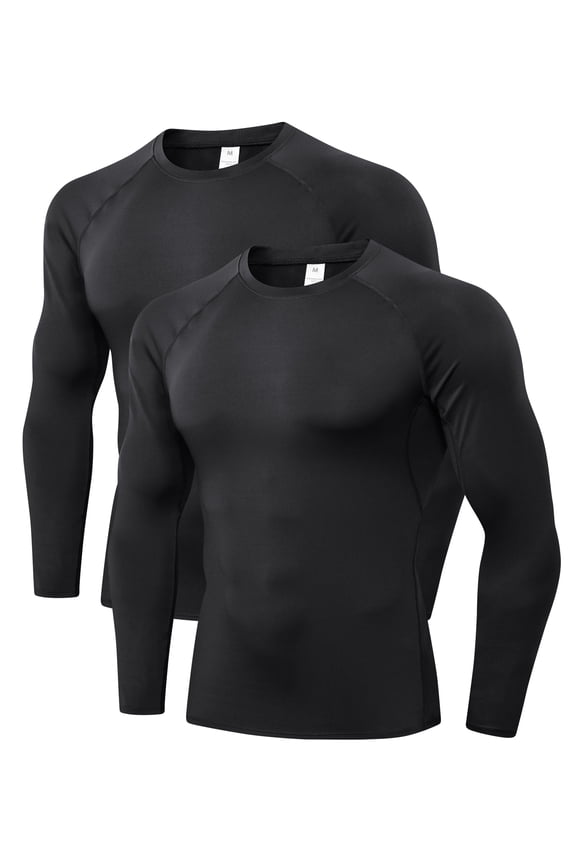 Men Long Sleeve Compression Shirts Cool Dry Athletic Undershirt Workout Tops Base Layer for Running 2 PackBlack,M