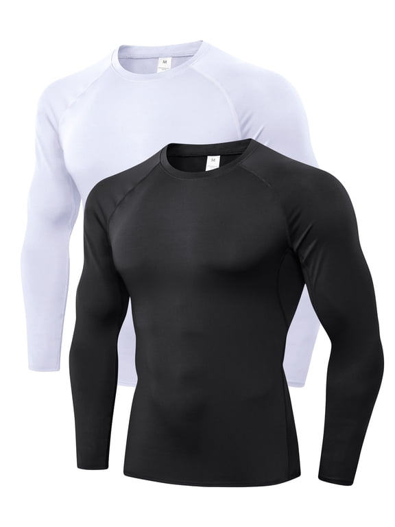 Men Long Sleeve Compression Shirts Cool Dry Athletic Undershirt Workout Tops Base Layer for Running 2 PackBlack/white,S