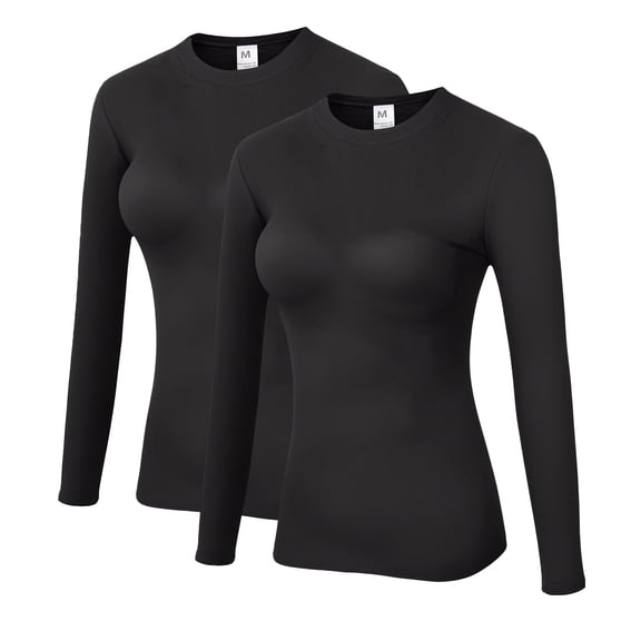 ZDCGT Women's Long Sleeve Compression Shirts Athletic Running Dry Fit Tops 2 Pack Black,M