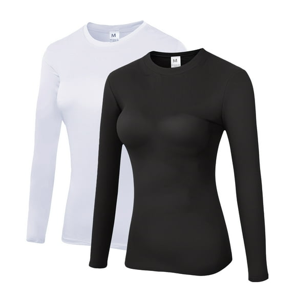 ZDCGT Women's Long Sleeve Compression Shirts Athletic Running Dry Fit Tops 2 Pack Black/white,S