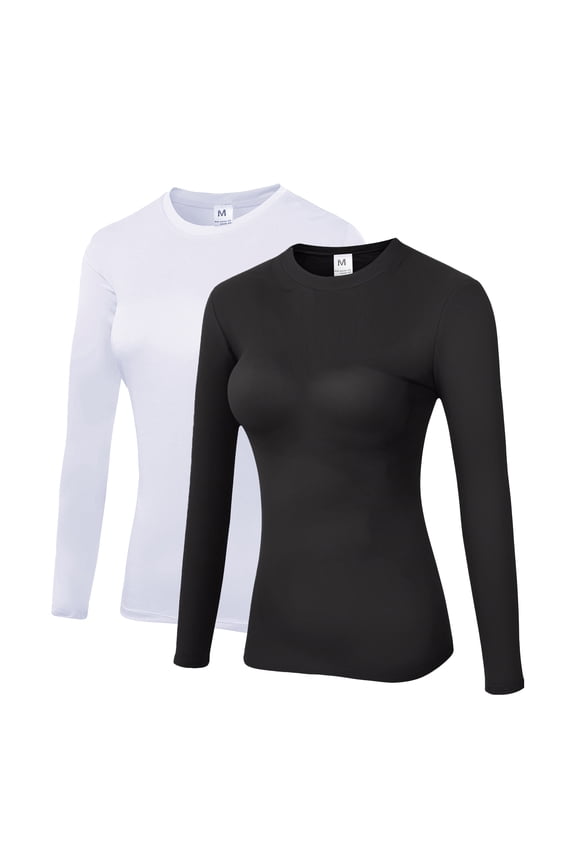 Women's Long Sleeve Compression Shirts Athletic Running Dry Fit Tops 2 Pack Black/white,XL