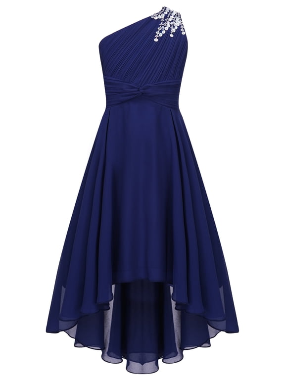 Girls Juniors One Shoulder Chiffon Proms Ball Gown High-low Hem Wedding Birthday Party Dresses Navy Blue 12