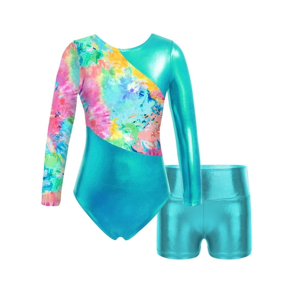 ZDHOOR Kids Girls 2 Piece Ballet Dance Outfit Dancewear Metallic Gymnastics Leotard with Shorts Blue Green 4