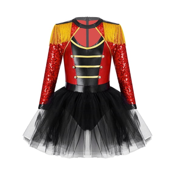 ZDHoor Circus Magician Outfit Halloween Carnival Fancy Dress Sequin Tassel Leotard Tutu Dress Dancewear Red 12