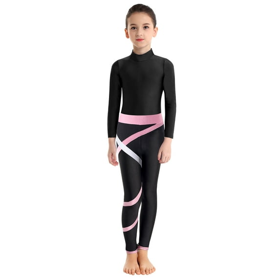 ZDHoor Girls 2Pcs Sports Dance Outfit Set Long Sleeve Leotard with Leggings for Gymnastics Workout Pink 11-12