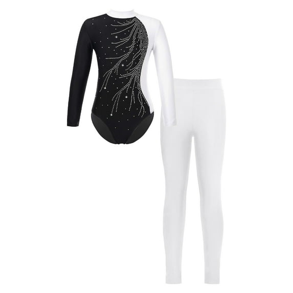 ZDHoor Girls 2Pcs Sports Dance Outfit Set Long Sleeve Leotard with Leggings for Gymnastics Workout White-C 9-10