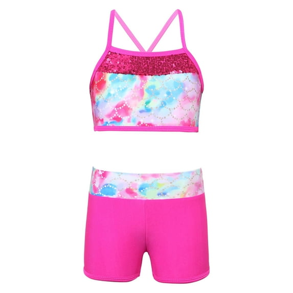 ZDHoor Girls Activewear 2 Piece Sequins Mermaid Tank Top & Shorts Tankini Set Gymnastics Ballet Dance Wear Colorful Fish Scales 8