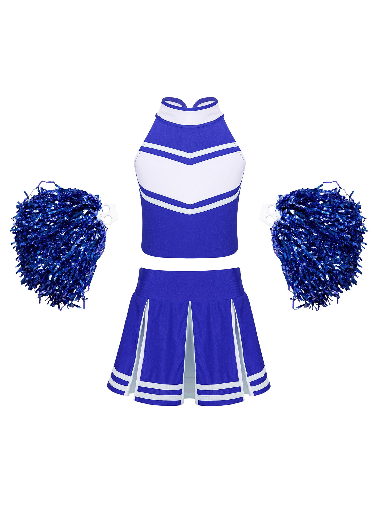 FEESHOW Cheer Leader Cheerleading Uniform For Kids Girls Long Sleeve Dress Pom Poms Stocking Hair Tie Halloween Party A Black&White 6 Years